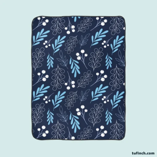 Winter Leaves Berries In Blue Fleece Blanket 1