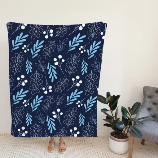 Winter Leaves Berries In Blue Fleece Blanket