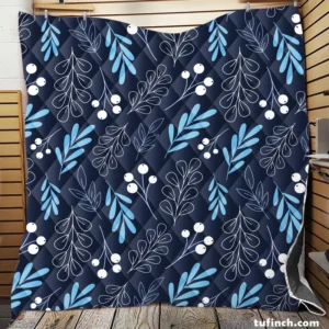 Winter Leaves Berries In Blue Quilt Blanket