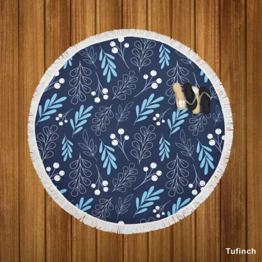 Winter Leaves Berries In Blue Round Beach Towel