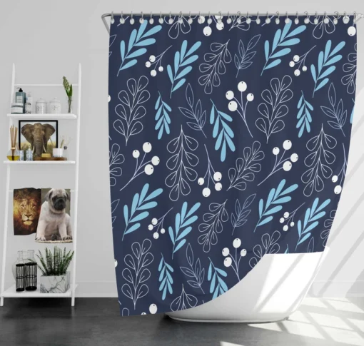 Winter Leaves Berries In Blue Shower Curtain