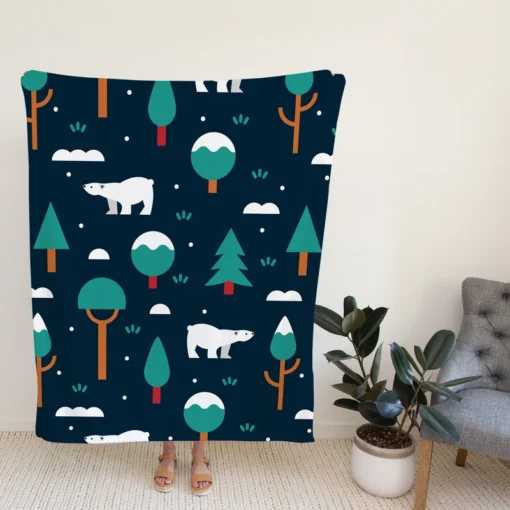 Winter Pattern with Polar Bears and Trees Fleece Blanket