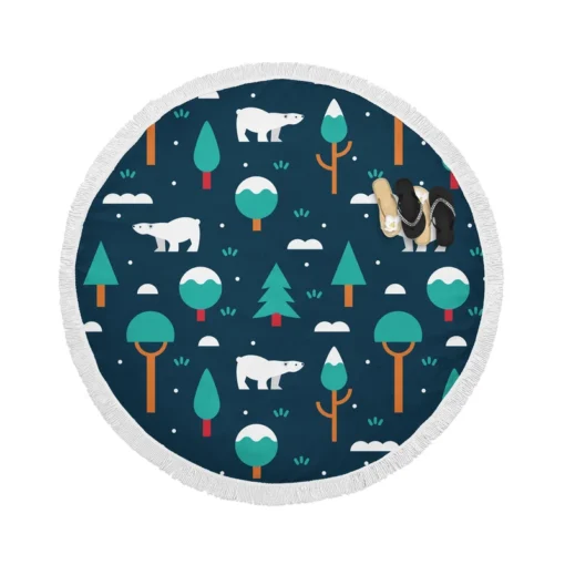 Winter Pattern with Polar Bears and Trees Round Beach Towel