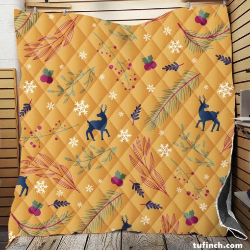 Winter Reindeer Blue Pattern Quilt Blanket