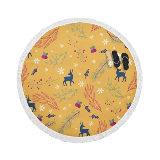 Winter Reindeer Blue Pattern Round Beach Towel