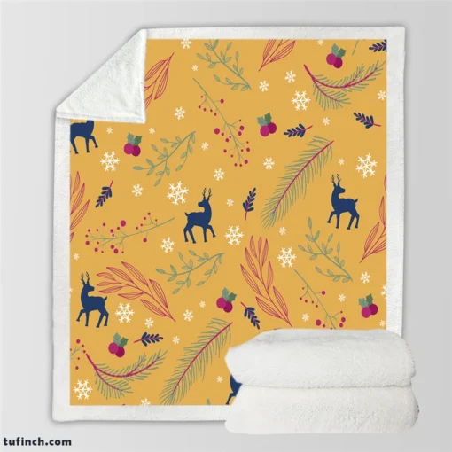 Winter Reindeer Blue Pattern Sherpa Fleece Blanket