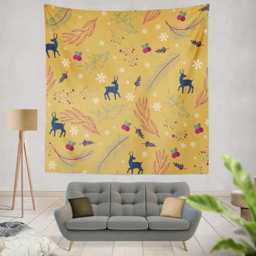 Winter Reindeer Blue Pattern Wall Tapestry