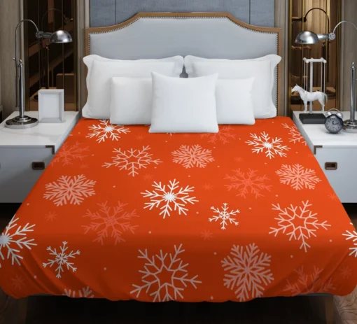 Winter Snowflakes In Orange Background Duvet Cover