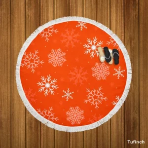 Winter Snowflakes In Orange Background Round Beach Towel