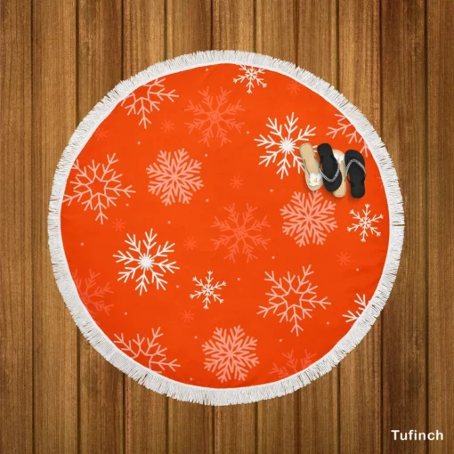 Winter Snowflakes In Orange Background Round Beach Towel