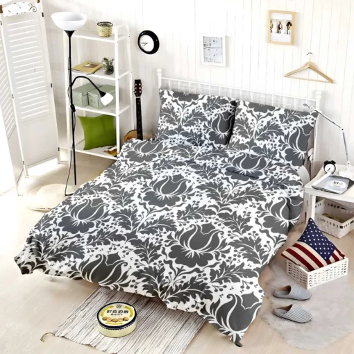 Wolf Grey Floral Damask Bedding Set