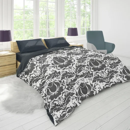 Wolf Grey Floral Damask Duvet Cover 1