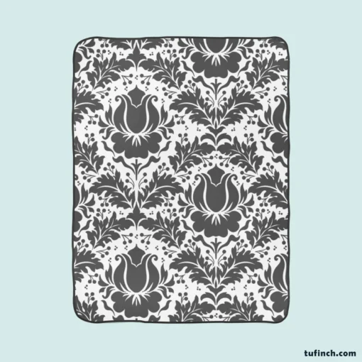 Wolf Grey Floral Damask Fleece Blanket 1