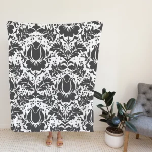 Wolf Grey Floral Damask Fleece Blanket