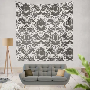 Wolf Grey Floral Damask Wall Tapestry