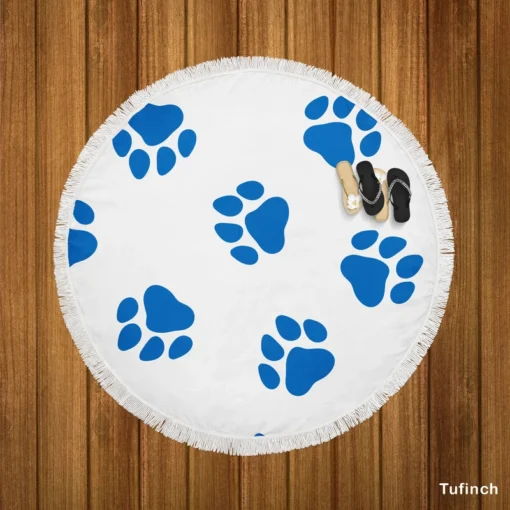 Wolf Paws Blue Prints Round Beach Towel