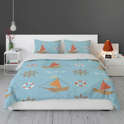 Wooden Sailboat Wheel Lifebuoy Pattern Bedding Set 1