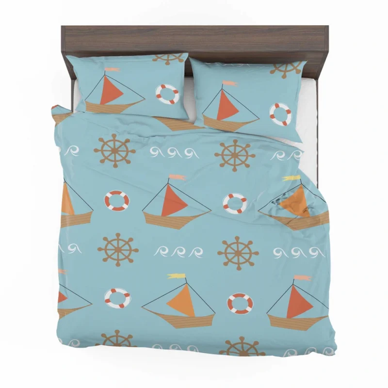 Wooden Sailboat Wheel Lifebuoy Pattern Bedding Set 2