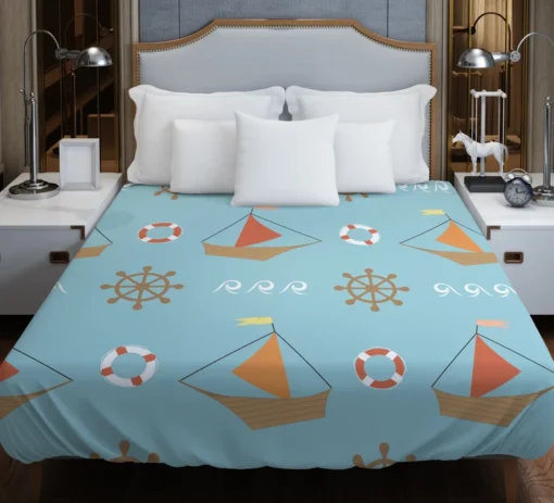 Wooden Sailboat Wheel Lifebuoy Pattern Duvet Cover