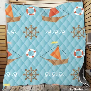 Wooden Sailboat Wheel Lifebuoy Pattern Quilt Blanket