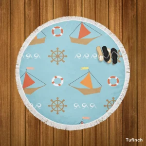 Wooden Sailboat Wheel Lifebuoy Pattern Round Beach Towel