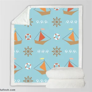 Wooden Sailboat Wheel Lifebuoy Pattern Sherpa Fleece Blanket