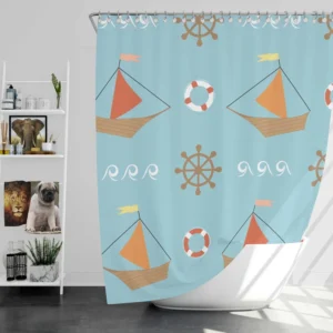 Wooden Sailboat Wheel Lifebuoy Pattern Shower Curtain