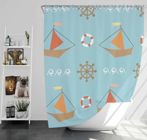 Wooden Sailboat Wheel Lifebuoy Pattern Shower Curtain