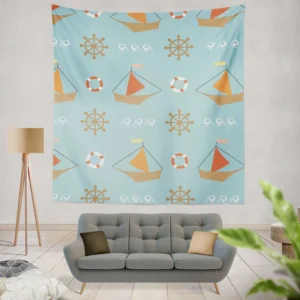 Wooden Sailboat Wheel Lifebuoy Pattern Wall Tapestry