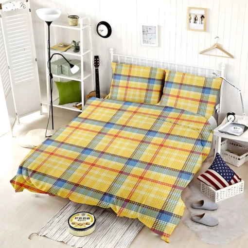 Yellow Blue Tartan Pattern Checkered Bedding Set