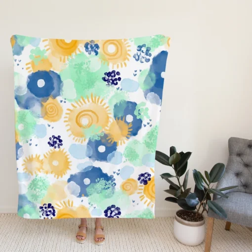 Yellow Blue Watercolor Sun Fleece Blanket