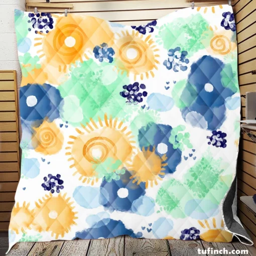 Yellow Blue Watercolor Sun Quilt Blanket