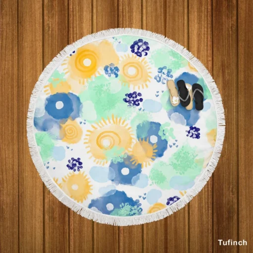 Yellow Blue Watercolor Sun Round Beach Towel