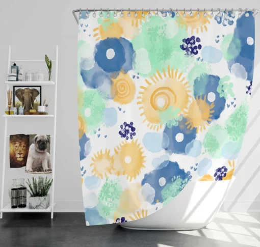 Yellow Blue Watercolor Sun Shower Curtain