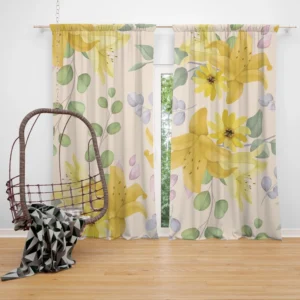 Yellow Lily Floral Pattern Curtain