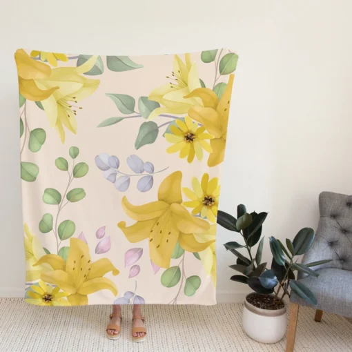 Yellow Lily Floral Pattern Fleece Blanket