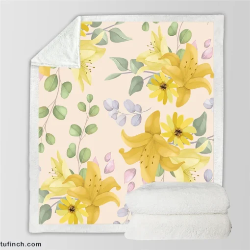 Yellow Lily Floral Pattern Sherpa Fleece Blanket