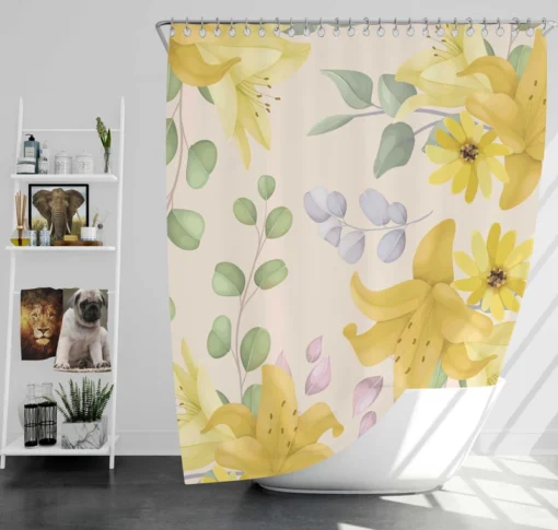 Yellow Lily Floral Pattern Shower Curtain