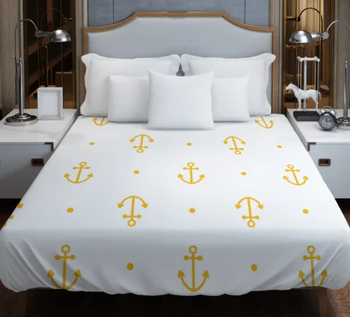 Yellow Marine Anchor Design On White Duvet Cover