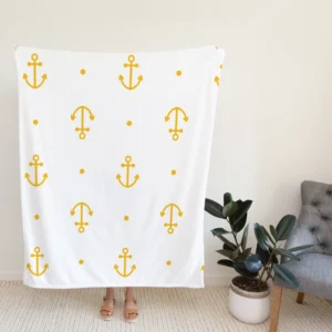 Yellow Marine Anchor Design On White Fleece Blanket