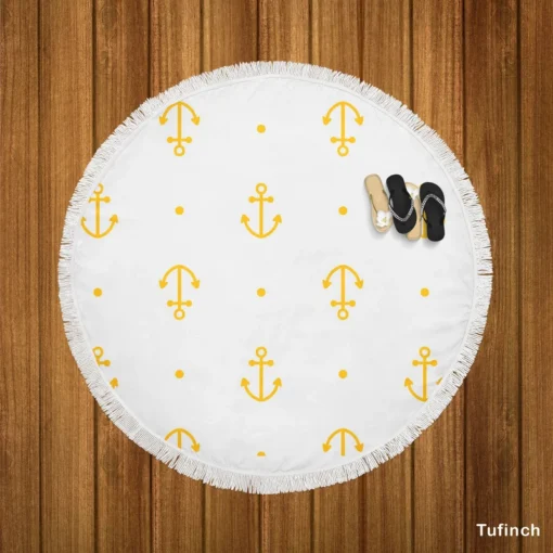 Yellow Marine Anchor Design On White Round Beach Towel