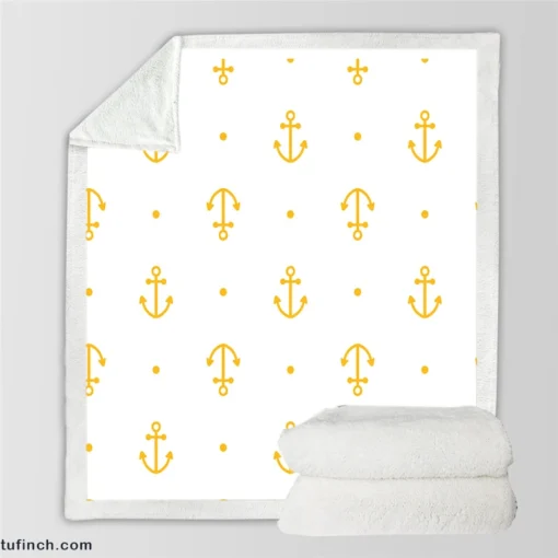 Yellow Marine Anchor Design On White Sherpa Fleece Blanket