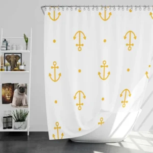 Yellow Marine Anchor Design On White Shower Curtain