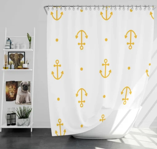 Yellow Marine Anchor Design On White Shower Curtain