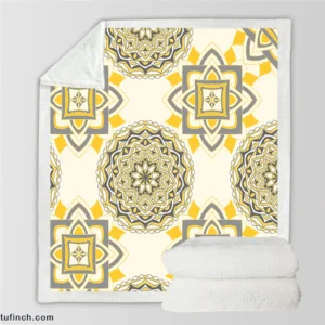 Yellow Off White Vintage Pattern Sherpa Fleece Blanket