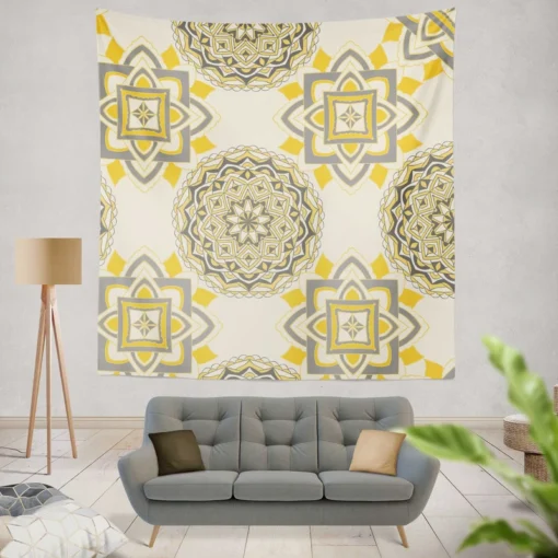 Yellow Off White Vintage Pattern Wall Tapestry