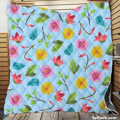 Yellow Pink Small Flowers Quilt Blanket