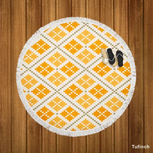 Yellow Vintage Cross Stitch Pattern Round Beach Towel