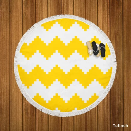 Yellow White Aztec Chevron Round Beach Towel