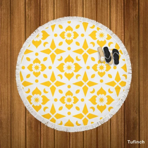 Yellow White Batik Ethnic Pattern Round Beach Towel